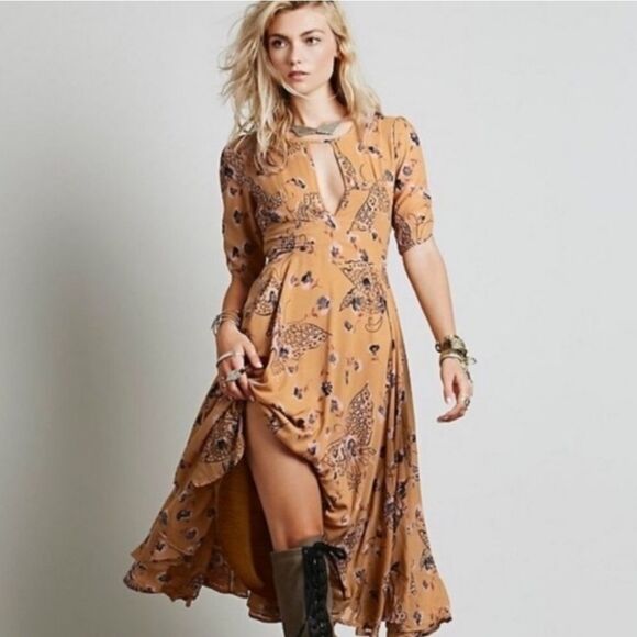 NWT Free‎ People Mustard Yellow Bonnie Butterfly Keyhole Boho Midi Dress 2 - Picture 2 of 11